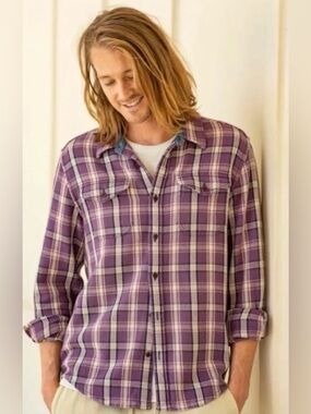 NWT Outerknown Blanket Shirt Purple Plaid Organic Cotton Flannel Size M